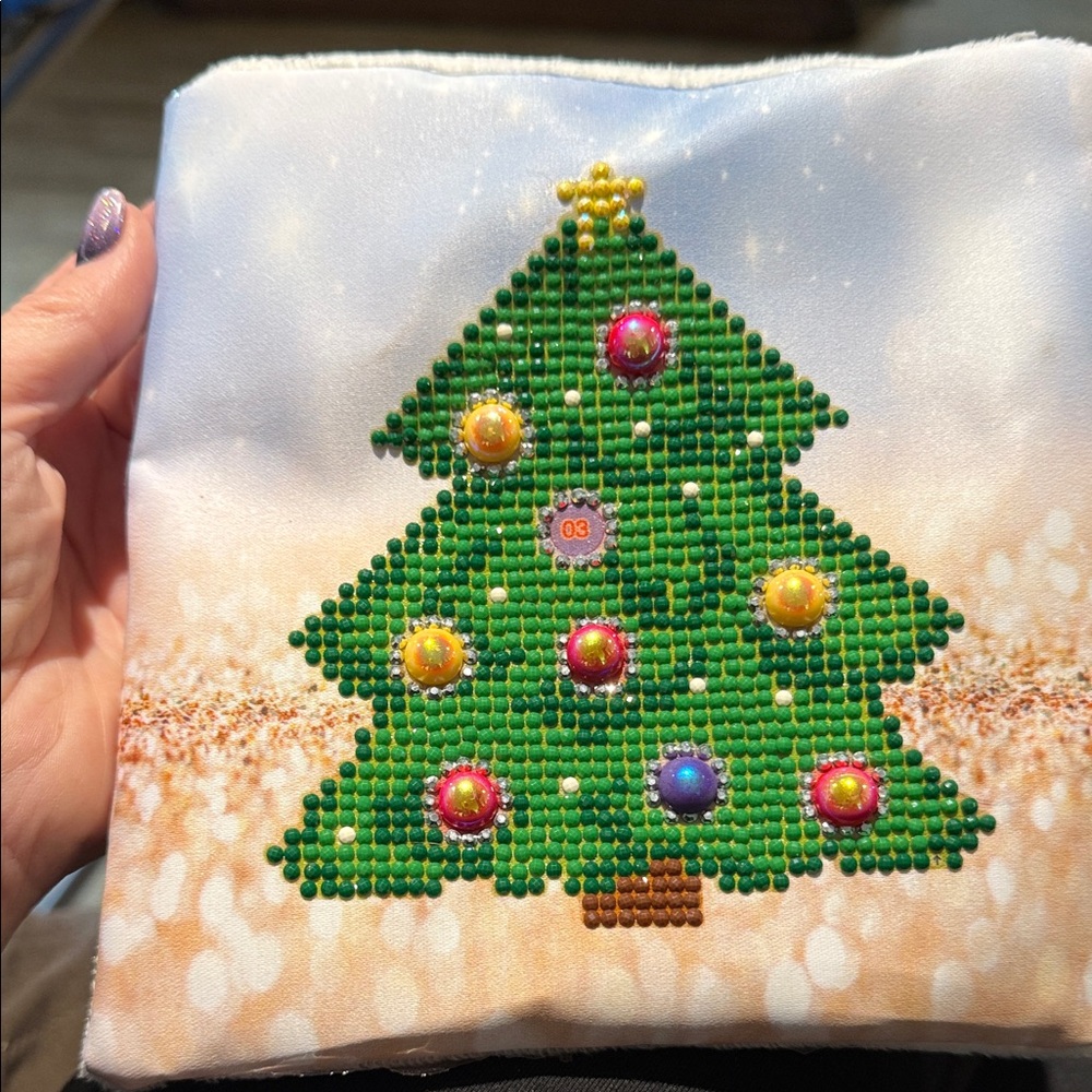 Completed Festive Diamond Art Christmas Tree Pillow